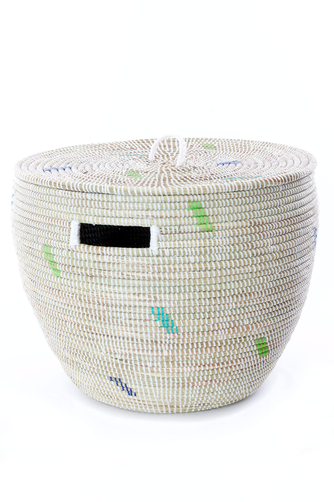 Set of Two White Nesting Baskets with Green & Blue Dash Pattern