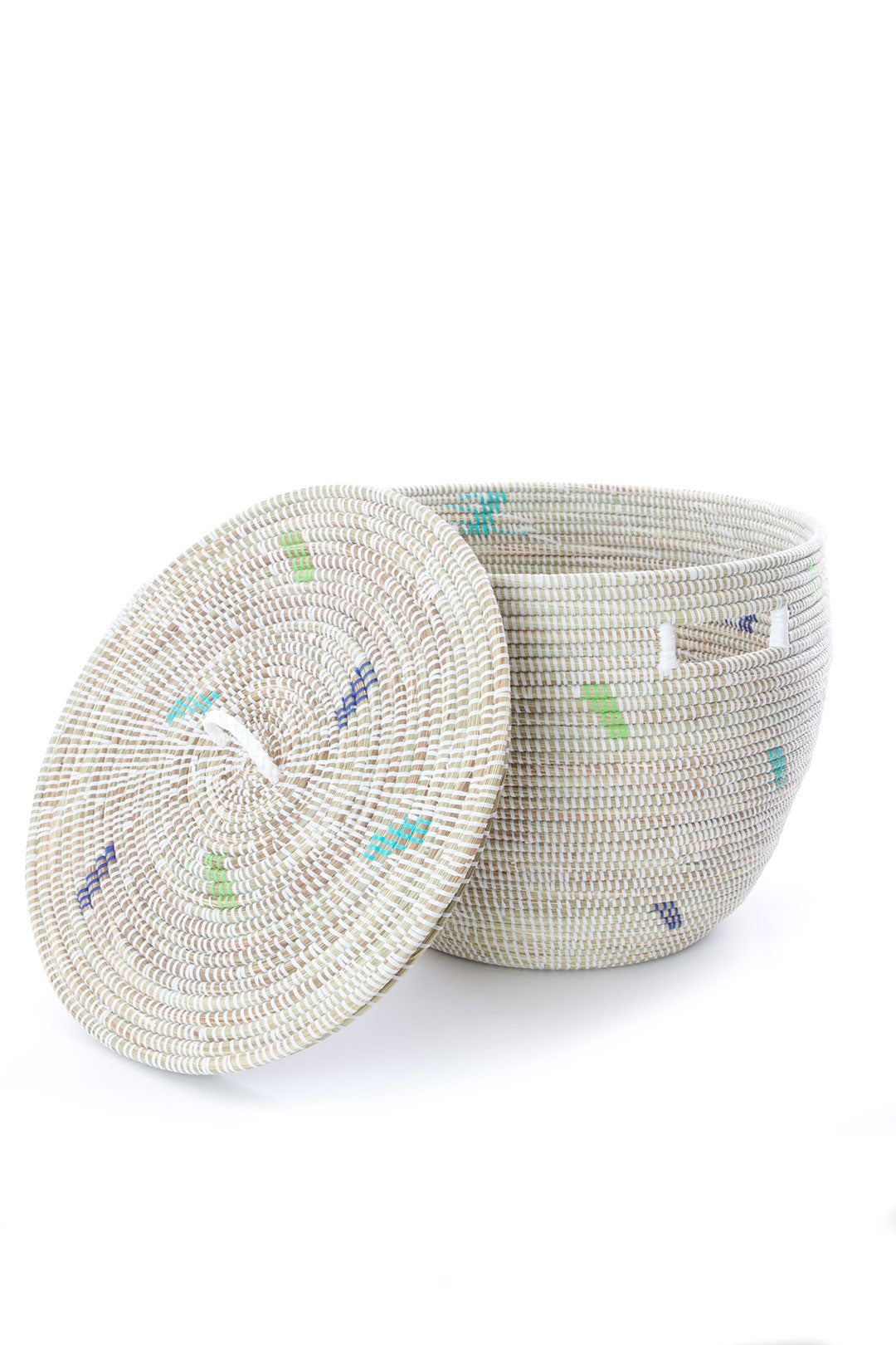Set of Two White Nesting Baskets with Green & Blue Dash Pattern