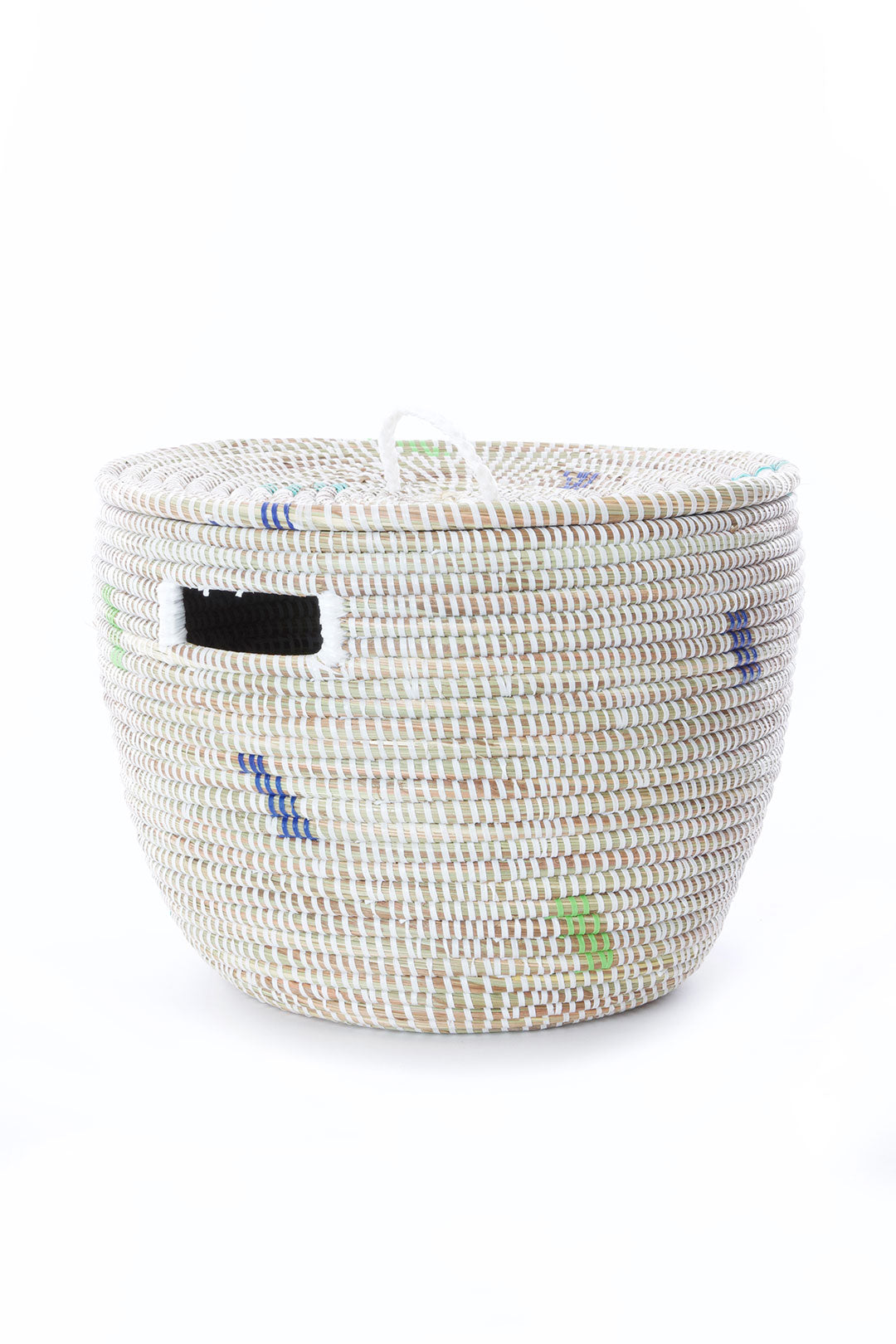 Set of Two White Nesting Baskets with Green & Blue Dash Pattern