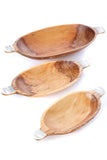 Set of Three Oval Olive Wood Bowls with Striped Bone Handles