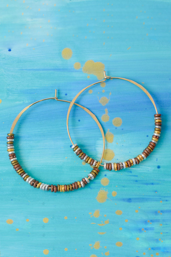 Hammered Hoop Earrings with Mixed Metal Hishi Beads - Large