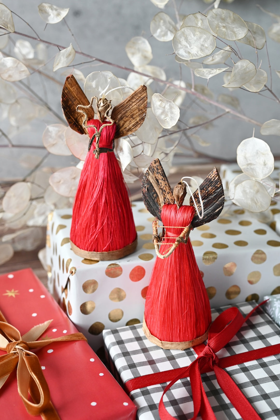 Red Sisal Angel of Song Handmade Christmas Ornament