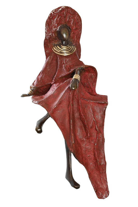 One of a Kind Bronze Sculpture of a Woman in Red Dress and Headdress African Art