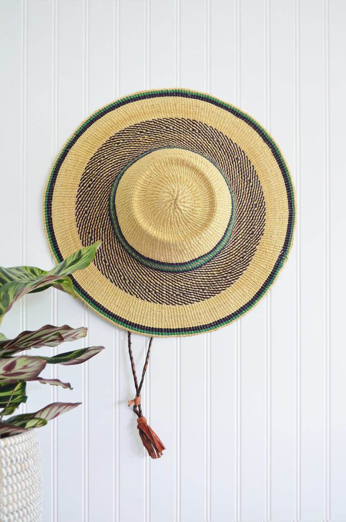Wide Brim Grass Hat with Colorful Band & Leather Strap
