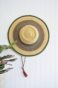Wide Brim Grass Hat with Colorful Band & Leather Strap