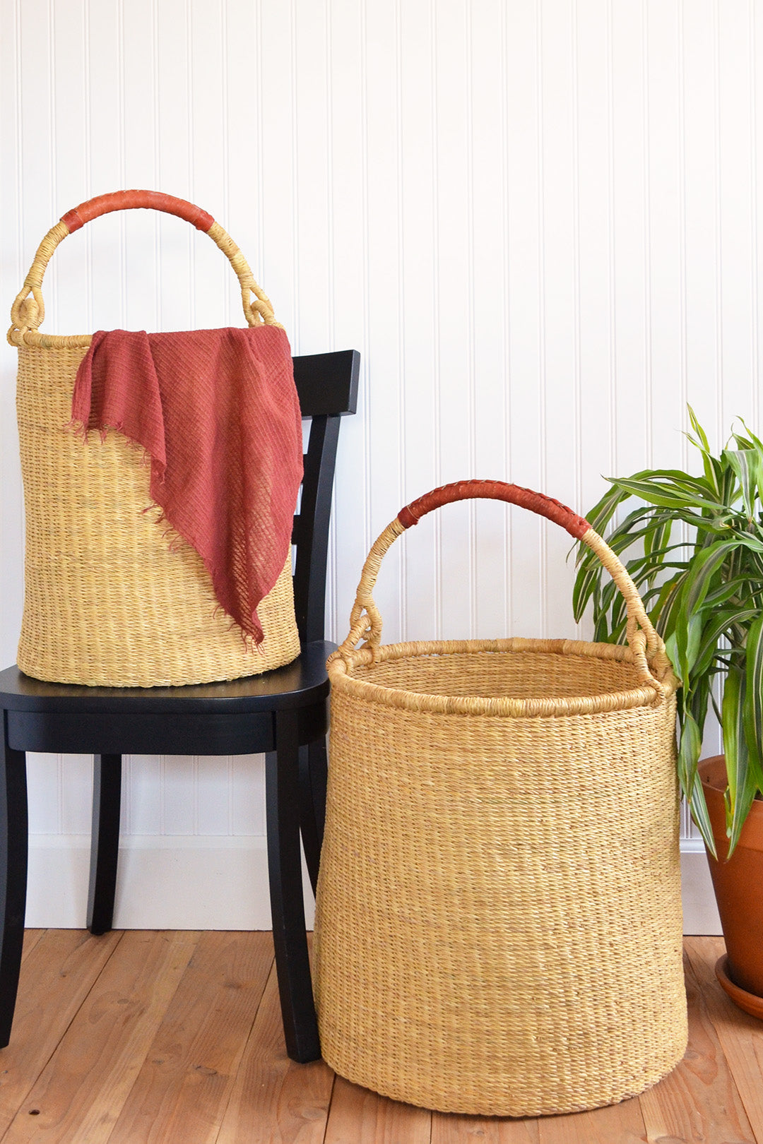 Ghanaian Woven Grass Hamper with Leather Handle (Choose Small or Large)