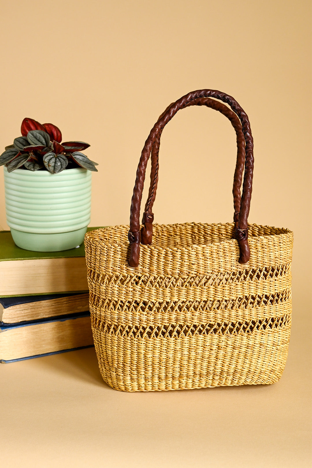 Lace Weave Mini Tote with Chocolate Brown Leather Handles