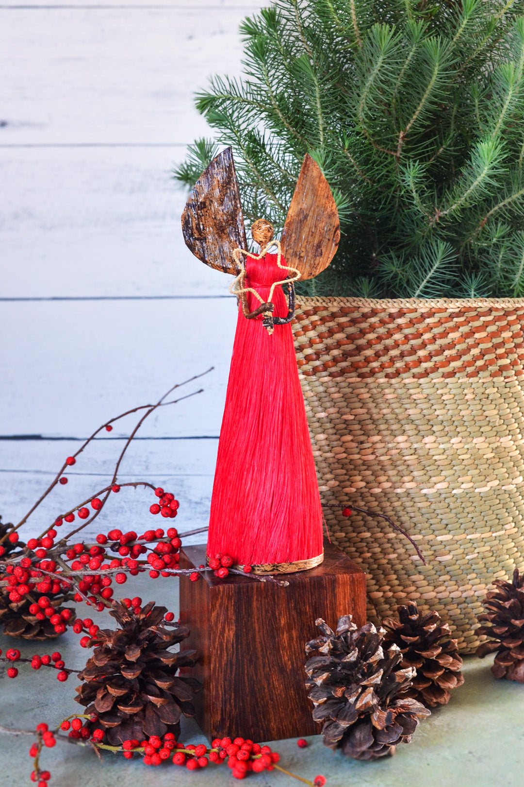 10" Red Sisal Angel of Light Holiday Sculpture