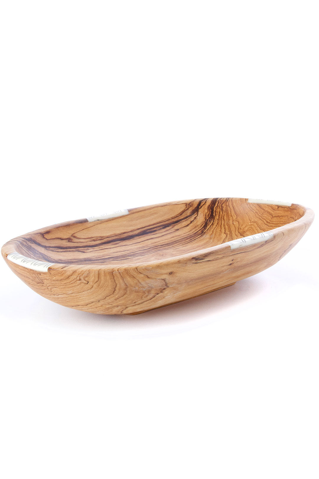 Wild Olive Wood Oval Bowl with Striped Bone Inlay