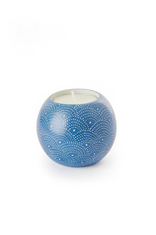 Blue Deco Dot Soapstone Tea Light Candle Holder