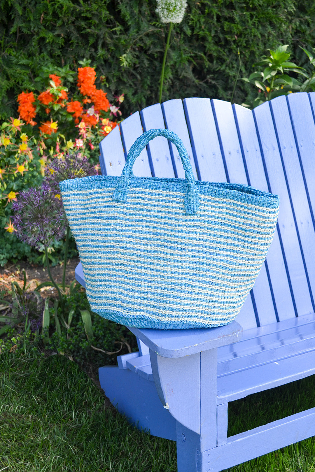 Sky Blue Skinny Stripe Sisal Tote