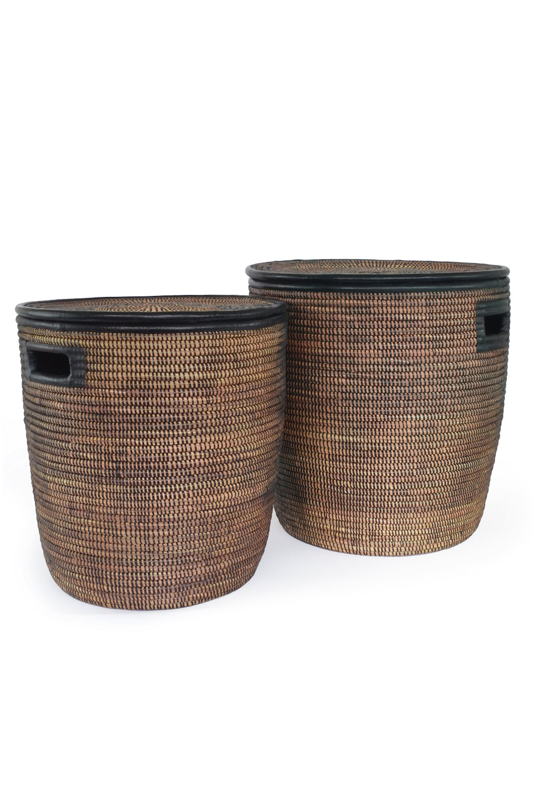 Onyx Lidded Hamper Set  with Leather Trim