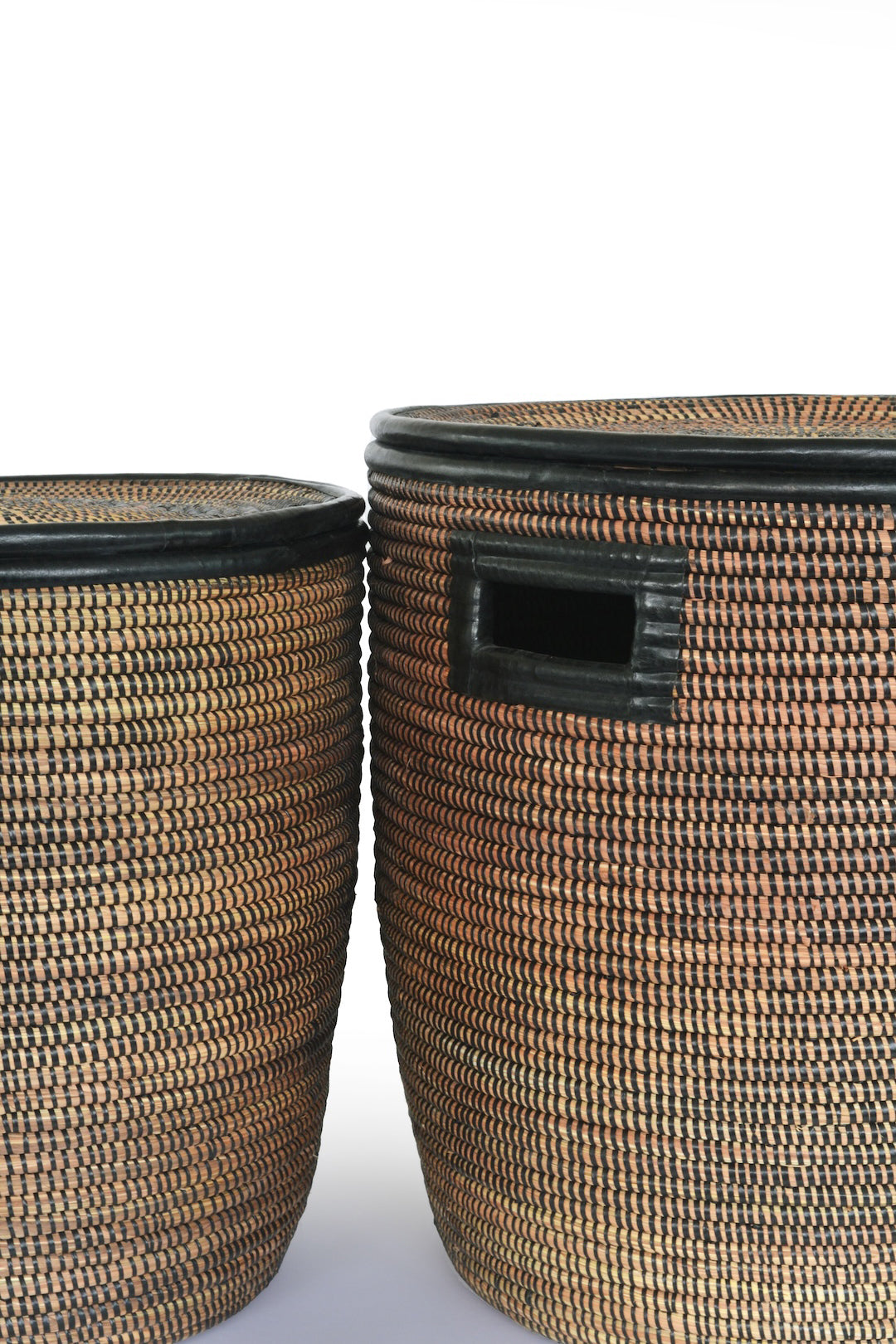 Onyx Lidded Hamper Set  with Leather Trim