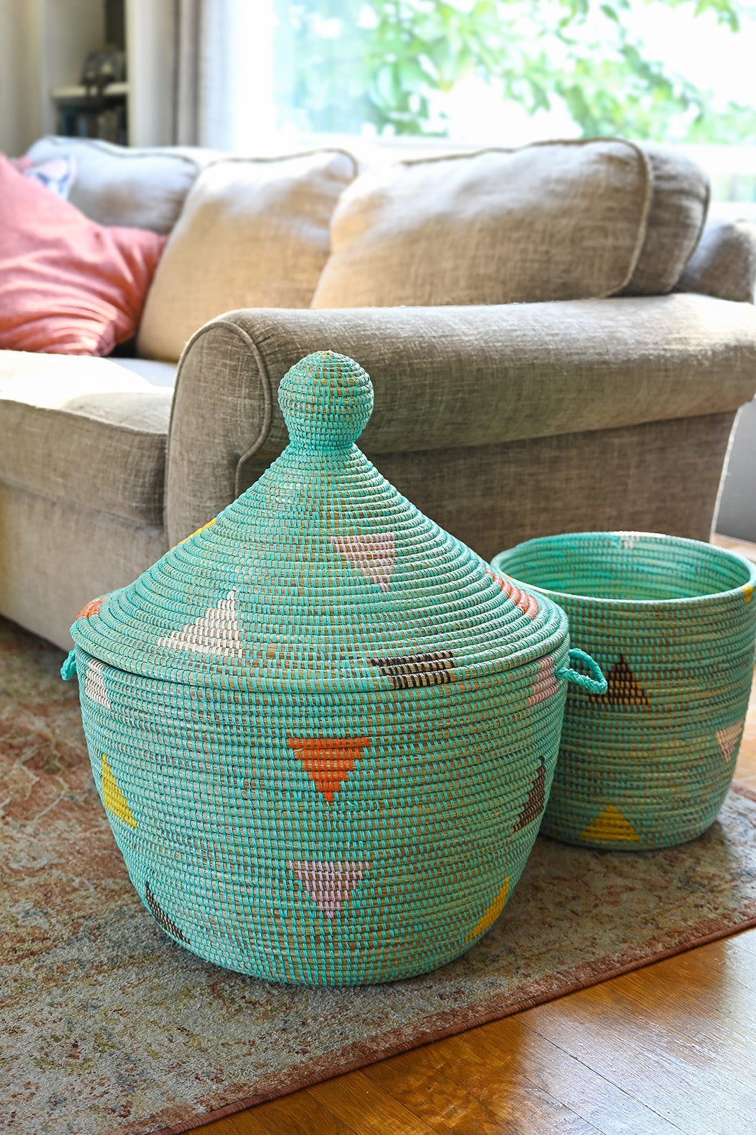 Aqua Teranga Triangles Short Lidded Basket