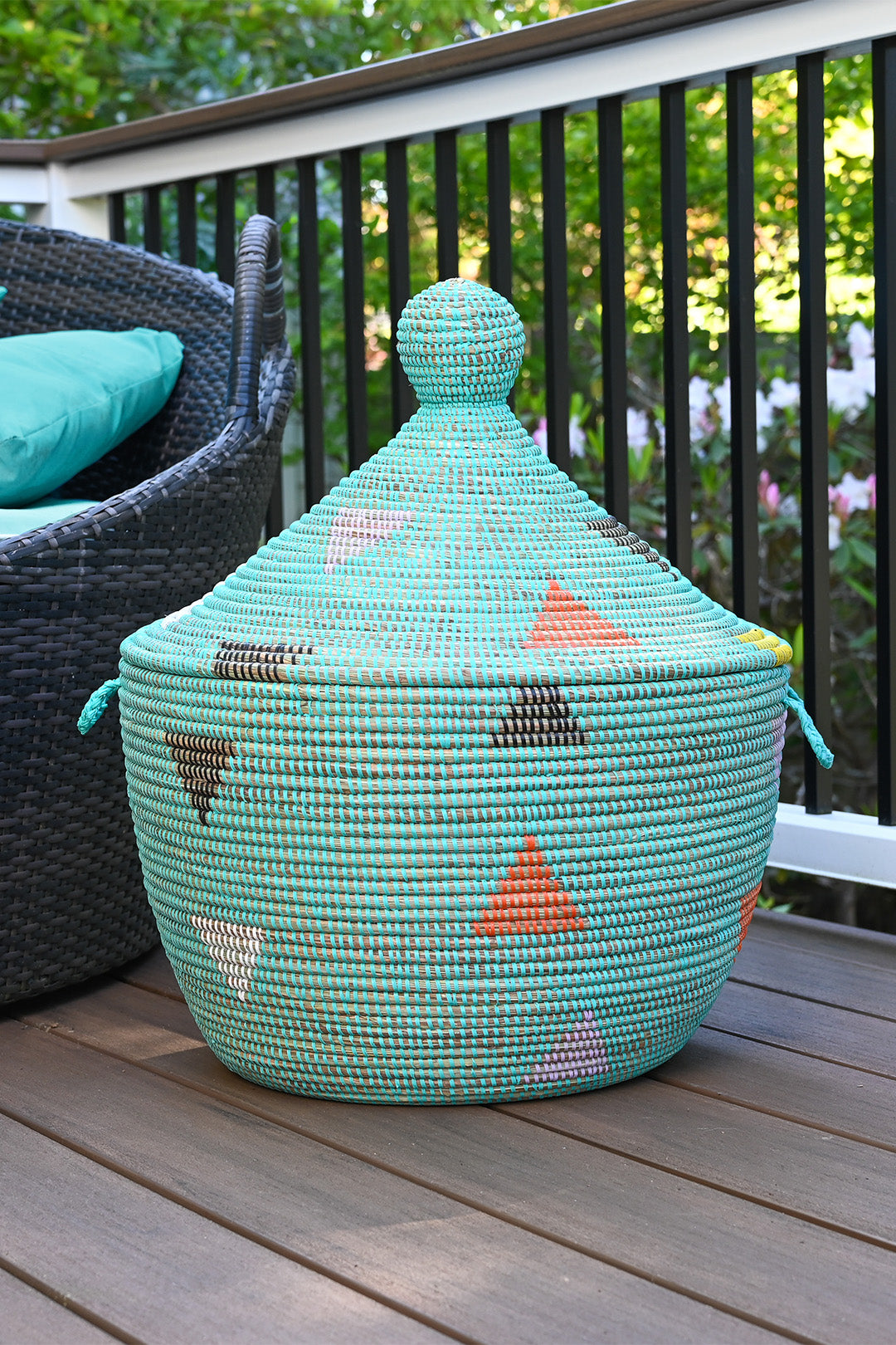Aqua Teranga Triangles Short Lidded Basket
