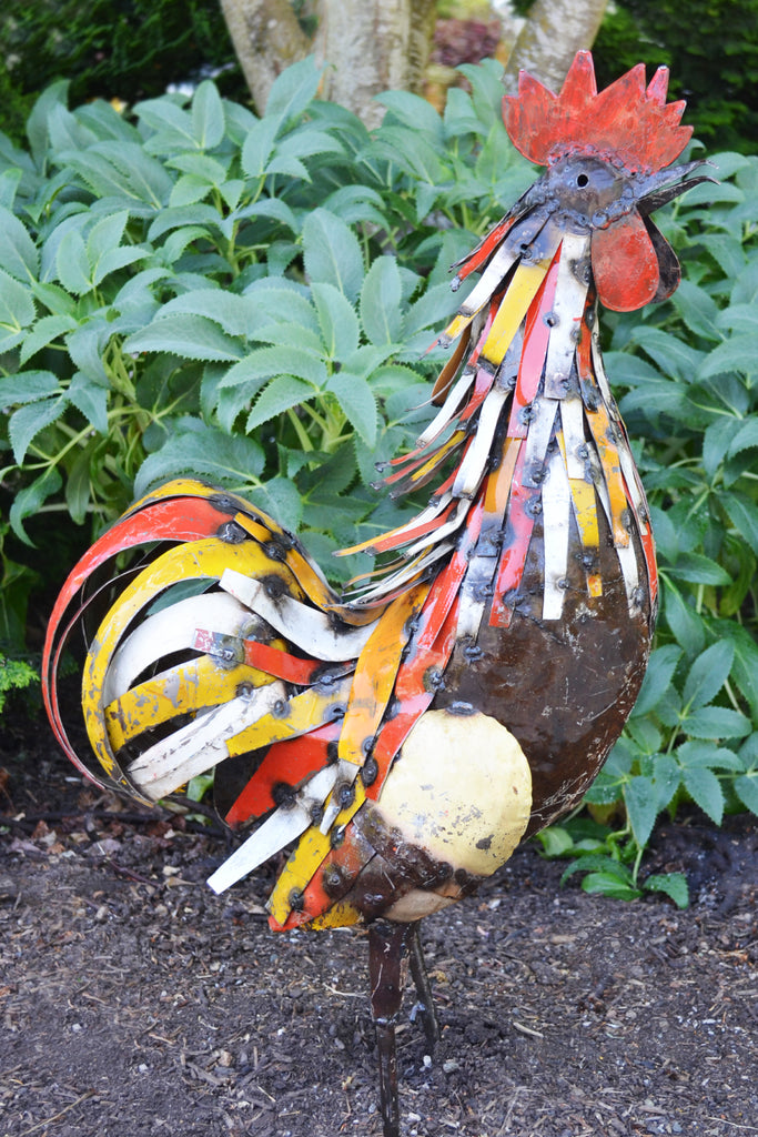 Red & Yellow Rooster Large Recycled Metal Sculpture