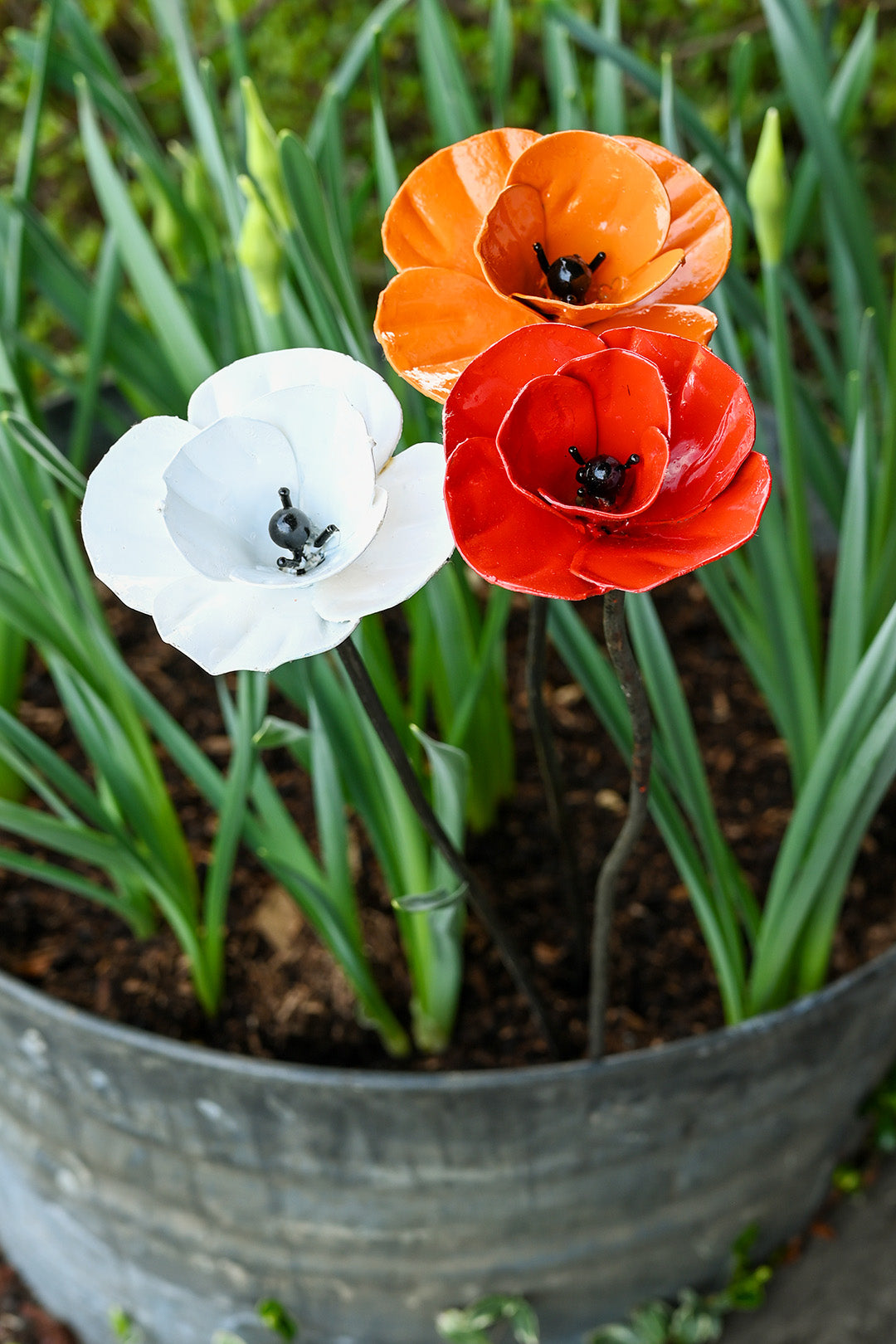 White Poppy Recycled Metal Garden Stake