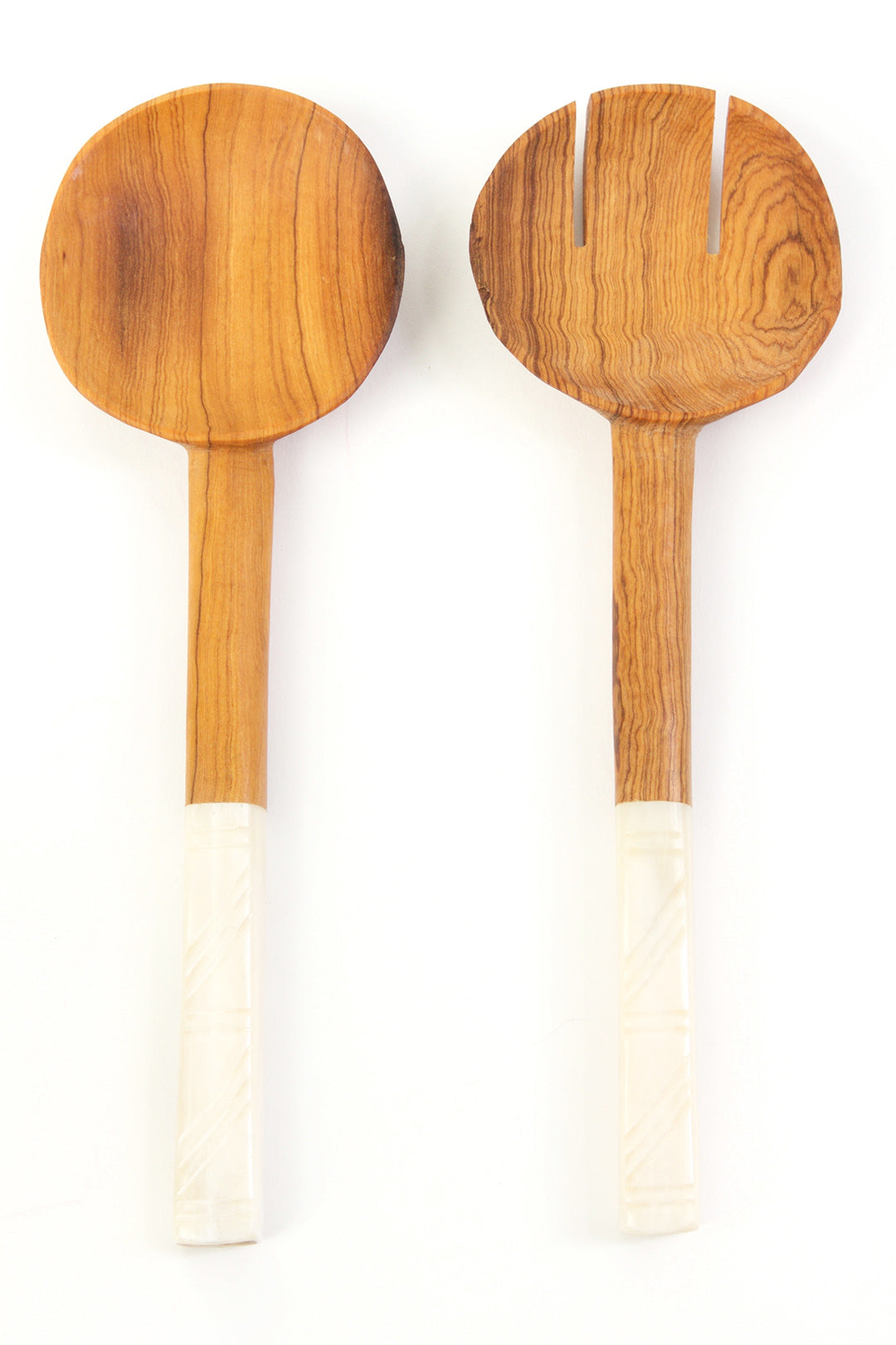 Wild Olive Wood Salad Servers with White Bone Handles