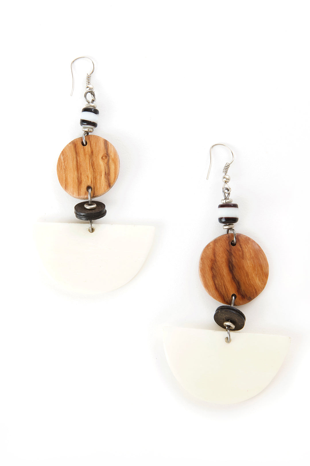 Half Moon Earrings Made from Cow Bone and Wood
