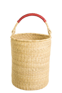 Large Pair of Ghanaian Woven Grass Hampers with Leather Handles