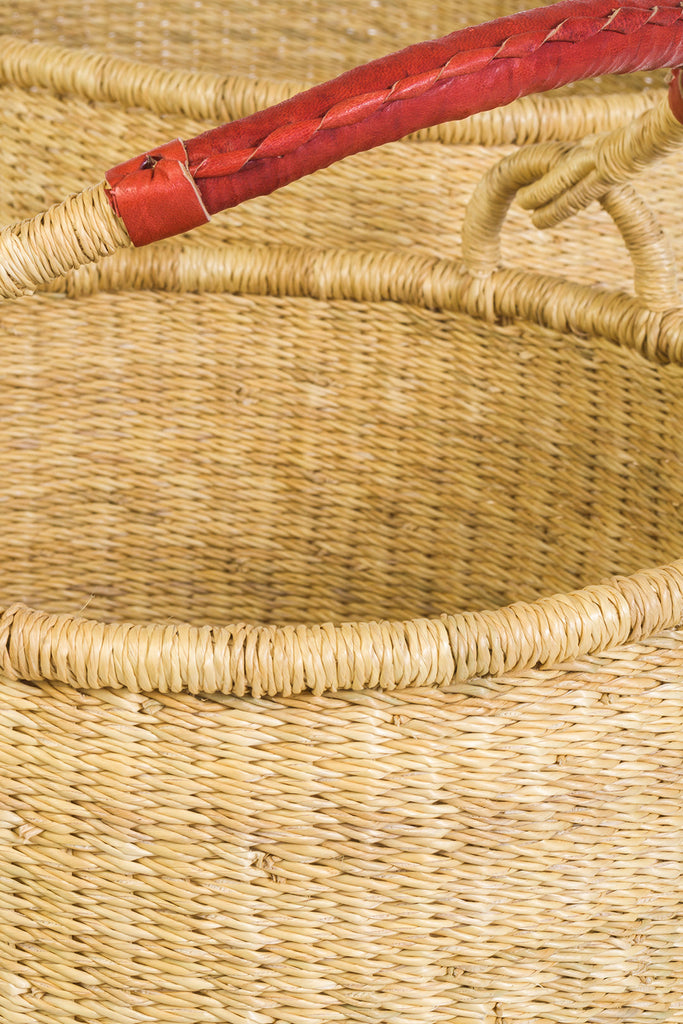 Ghanaian Woven Grass Hamper with Leather Handle (Choose Small or Large)