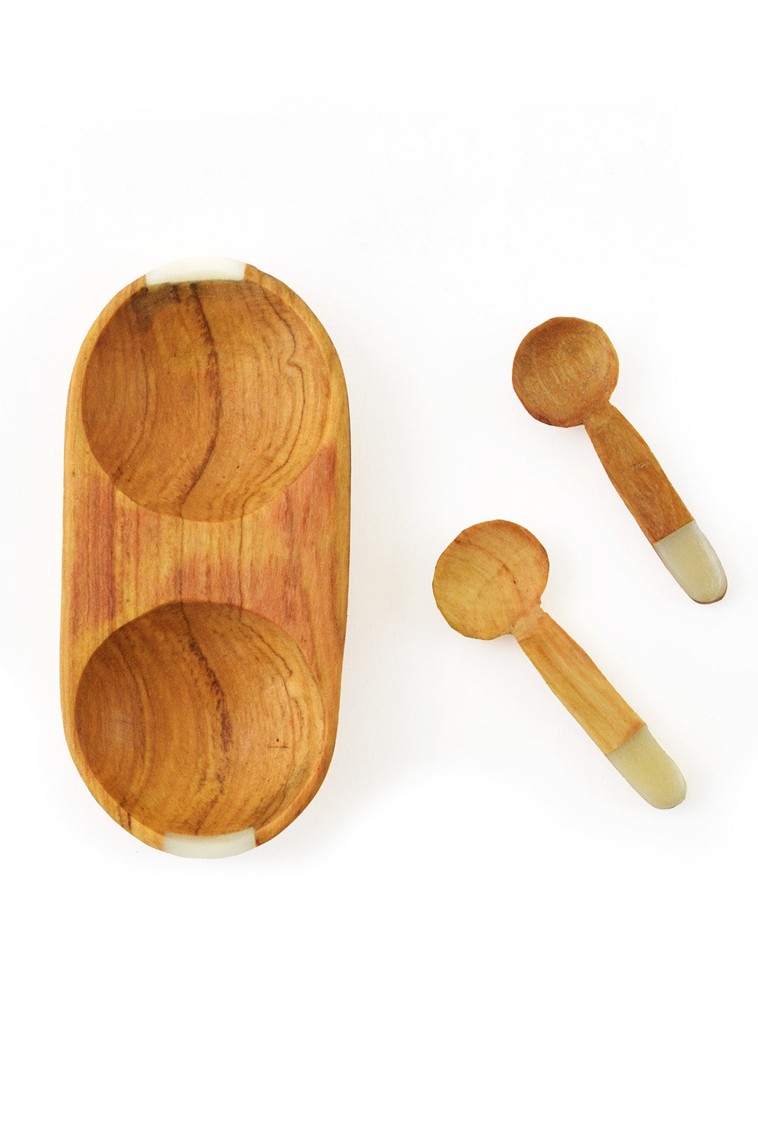 Double Olive Wood & Bone Tiny Spice Bowl with Spoons