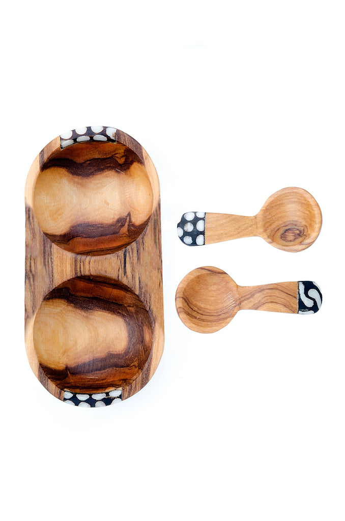 Double Olive Wood & Bone Inlay Spice Bowl with Spoons