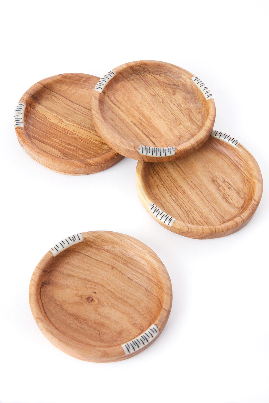 Set of Four Olive Wood Coasters with Bone Inlay