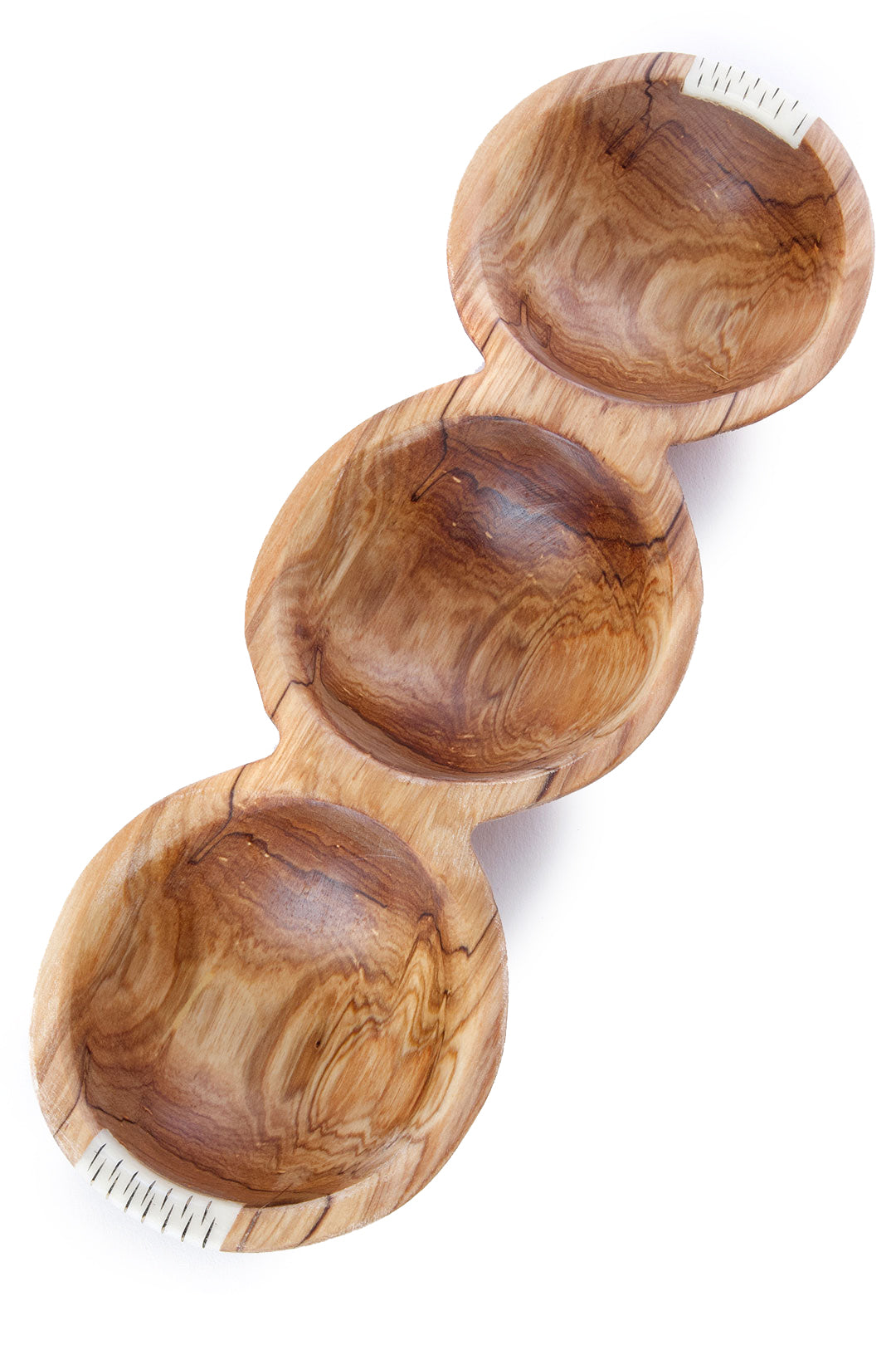 Olive Wood Triple Well Serving Bowl with Bone Inlay