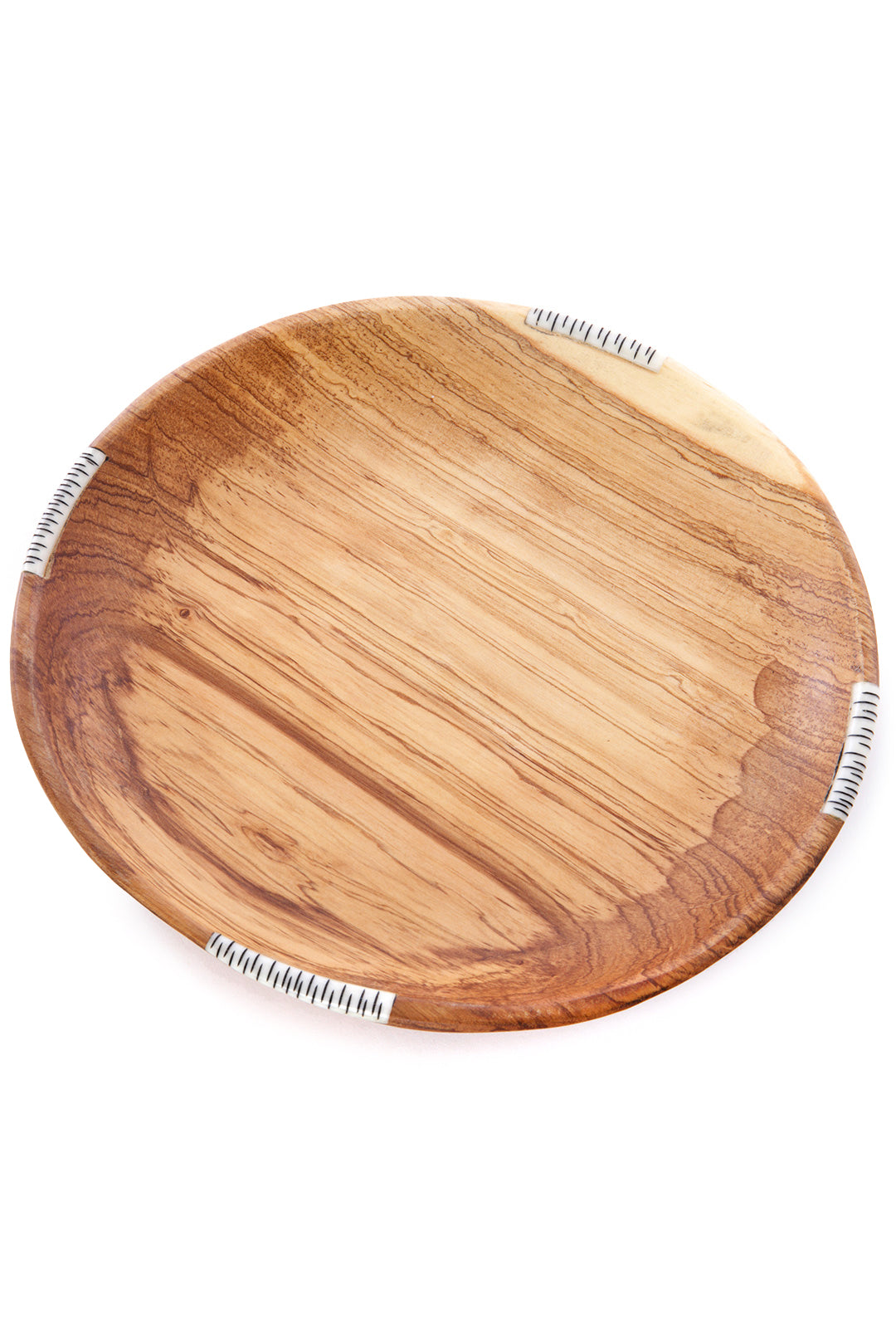 10" Wild Olive Wood Round Serving Plate with Bone Inlay