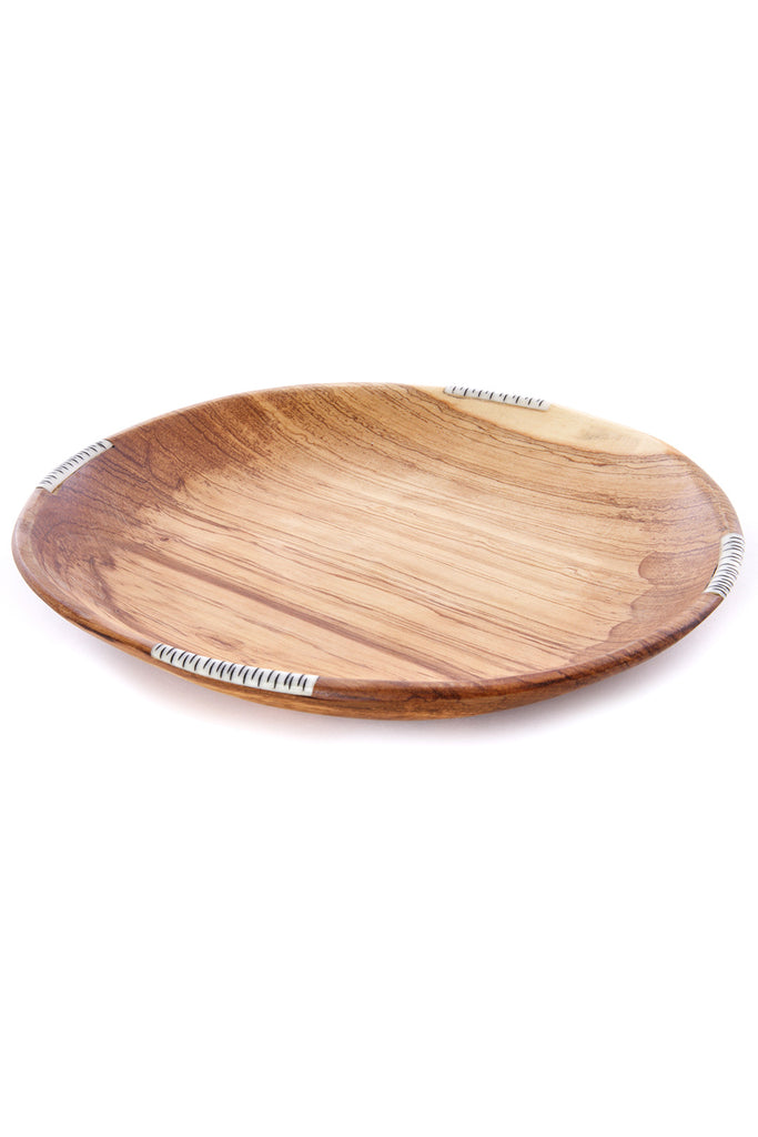 10" Wild Olive Wood Round Serving Plate with Bone Inlay