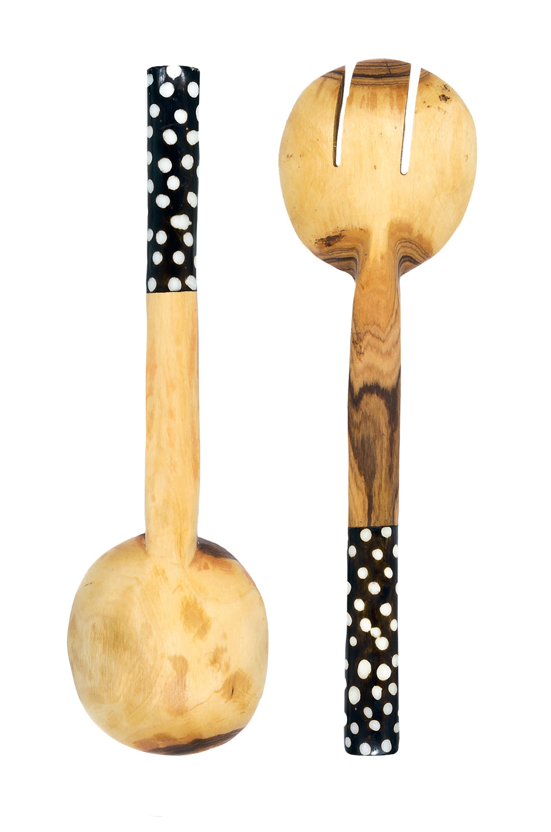 African Wood Salad Servers with Dotted Batik Handles