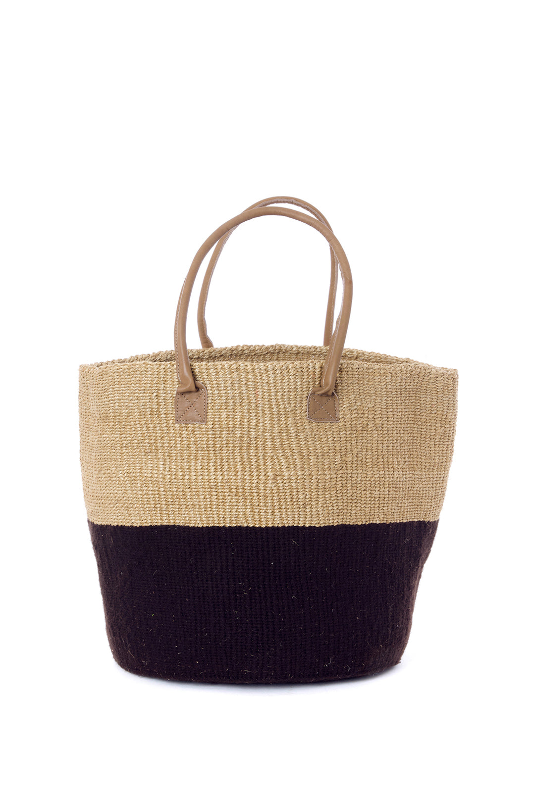 Dark Chocolate Wool and Sisal Handbag with Leather Handles