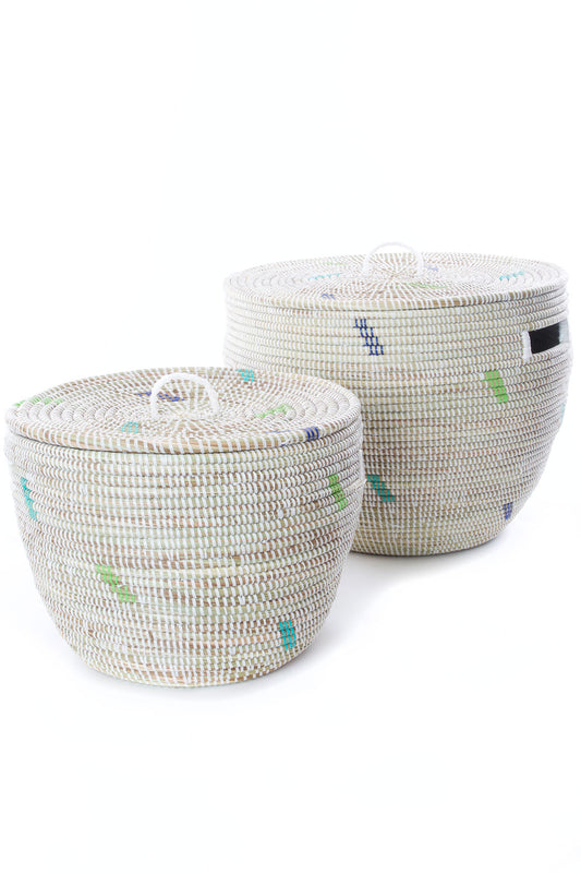 Set of Two White Nesting Baskets with Green & Blue Dash Pattern