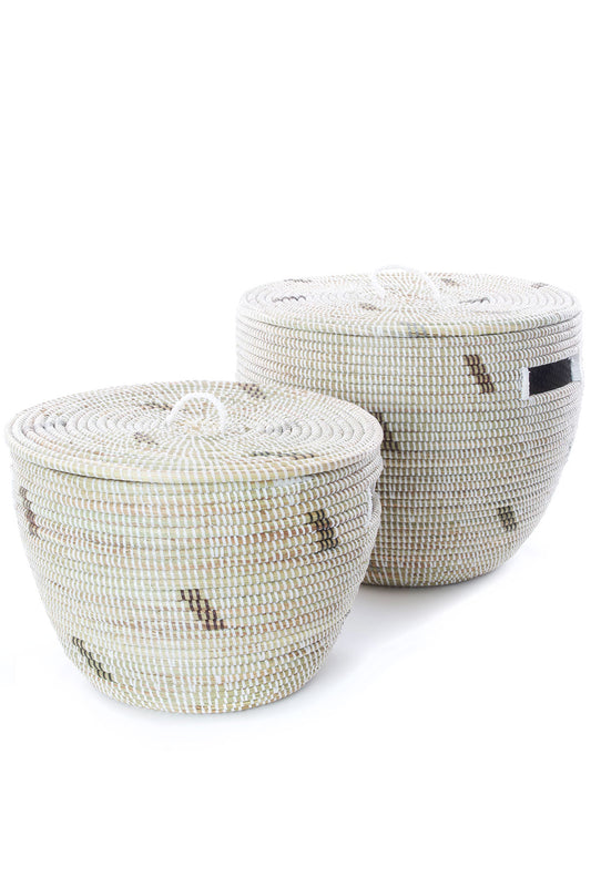Set of Two White Nesting Baskets with Neutral Dash Pattern