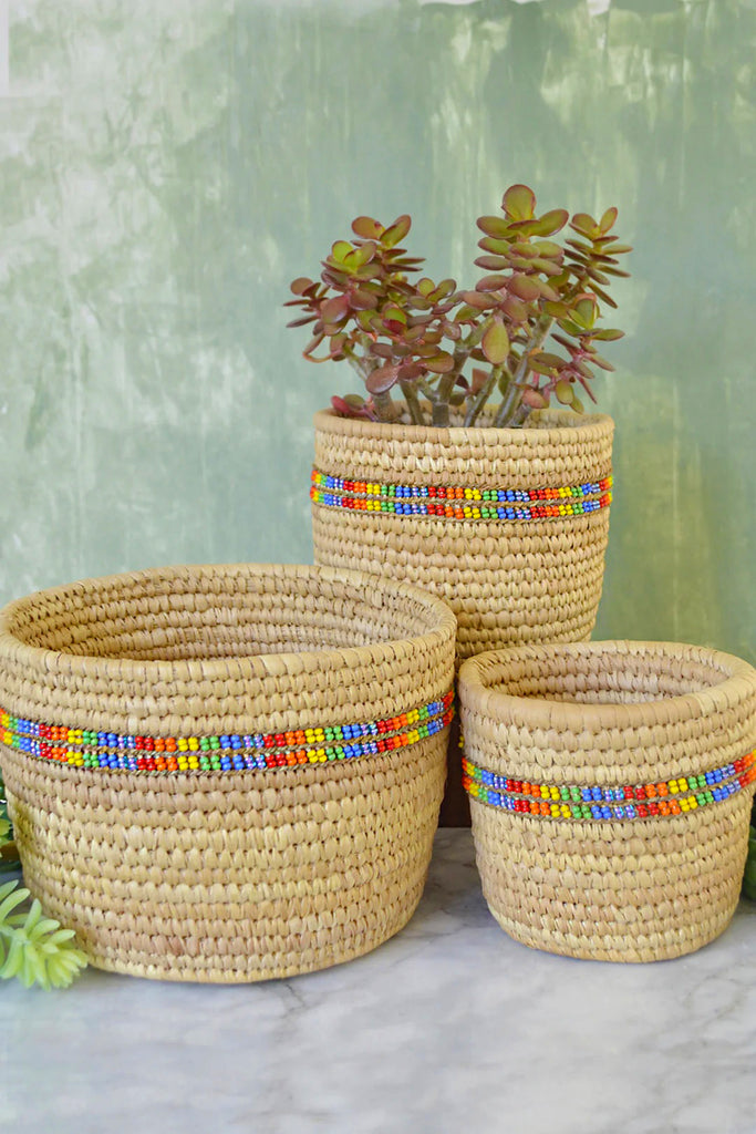Nomadic Camel Milking Baskets with Rainbow Beaded Stripes