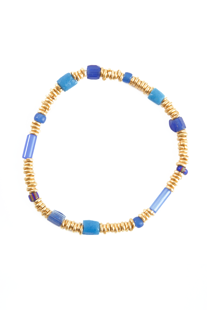 24k Gold Heishi Bracelet with Blue Vintage Glass Beads