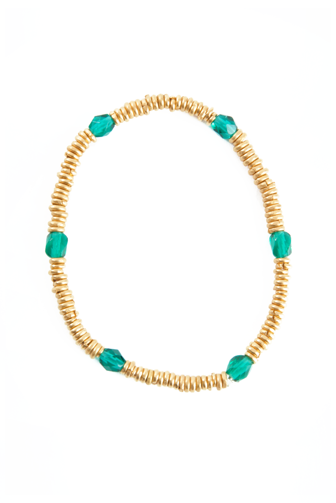 24k Gold Hishi Bracelet with Green Glass Beads