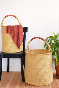 Large Pair of Ghanaian Woven Grass Hampers with Leather Handles