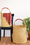 Large Pair of Ghanaian Woven Grass Hampers with Leather Handles