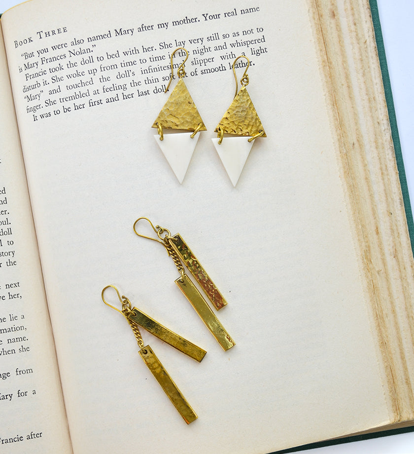 Art Deco Brass and Bone Diamond Earrings