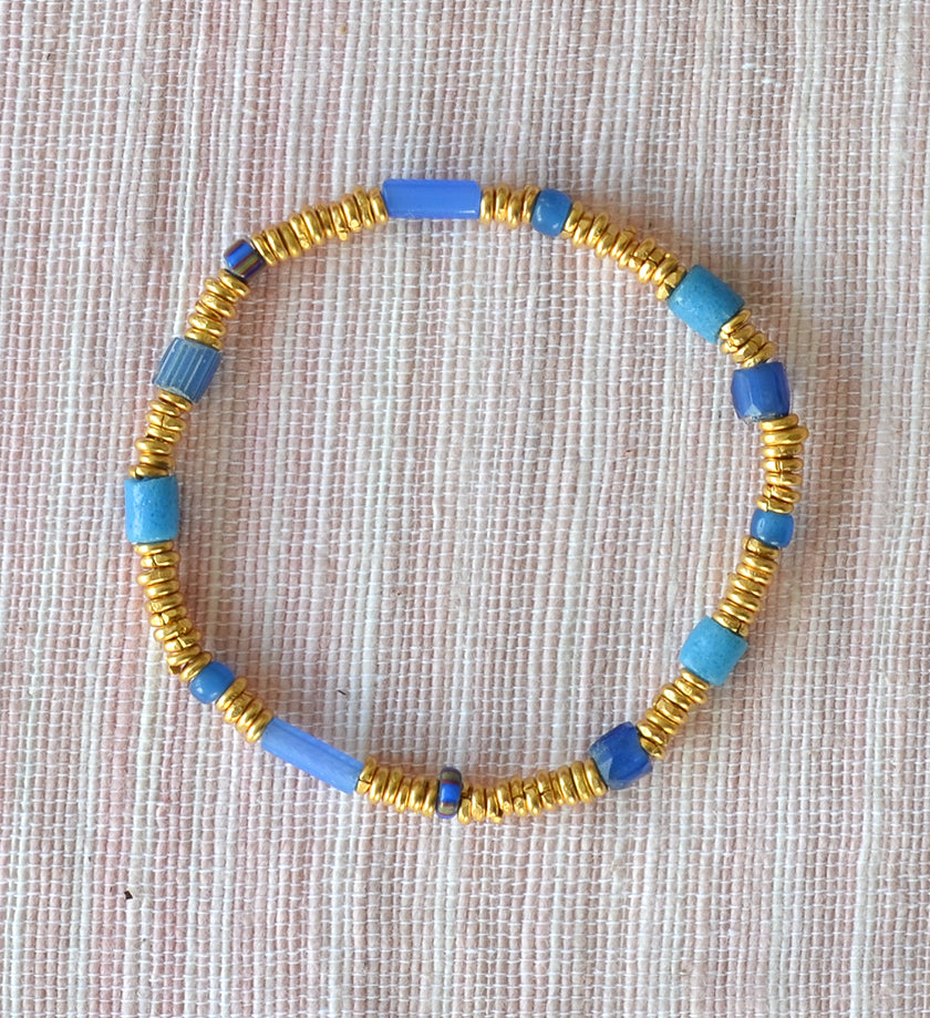 24k Gold Hishi Bracelet with Blue Glass Beads