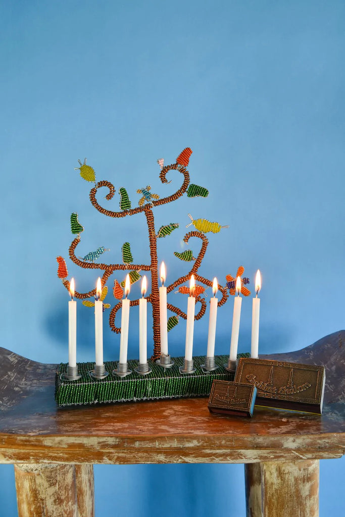 Green African Tree of Life Beaded Hanukkah Menorah