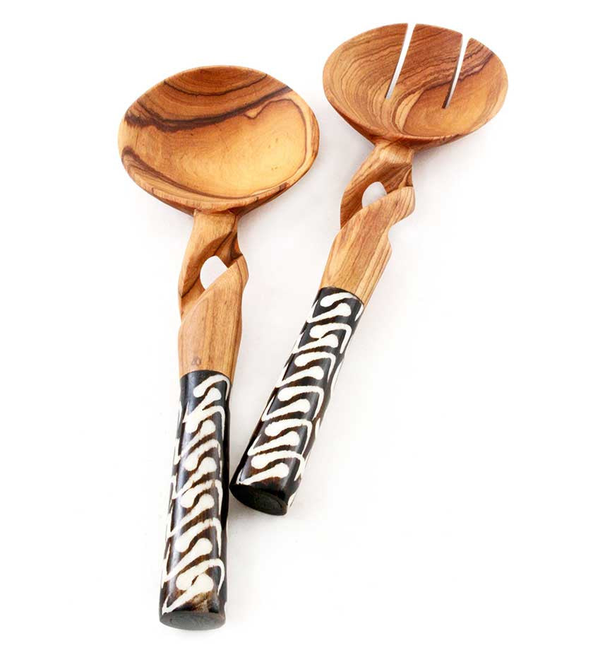 Twisted Olivewood Servers with Bone Handles - Kitchen Handmade in Africa - Swahili Modern - 2