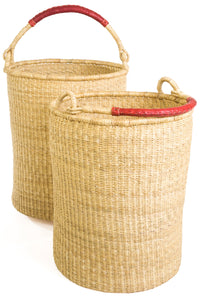 Large Pair of Ghanaian Woven Grass Hampers with Leather Handles