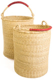 Large Pair of Ghanaian Woven Grass Hampers with Leather Handles