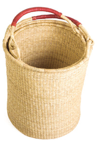 Large Pair of Ghanaian Woven Grass Hampers with Leather Handles