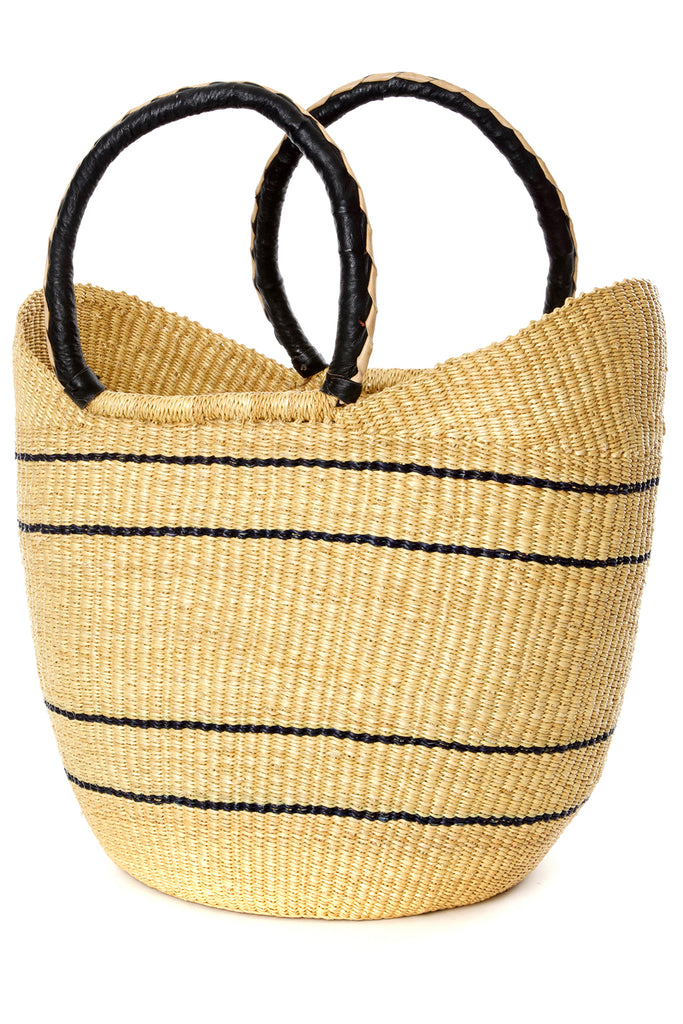 Natural Striped Shopper Tote with Leather Handles - Woven in Ghana ...