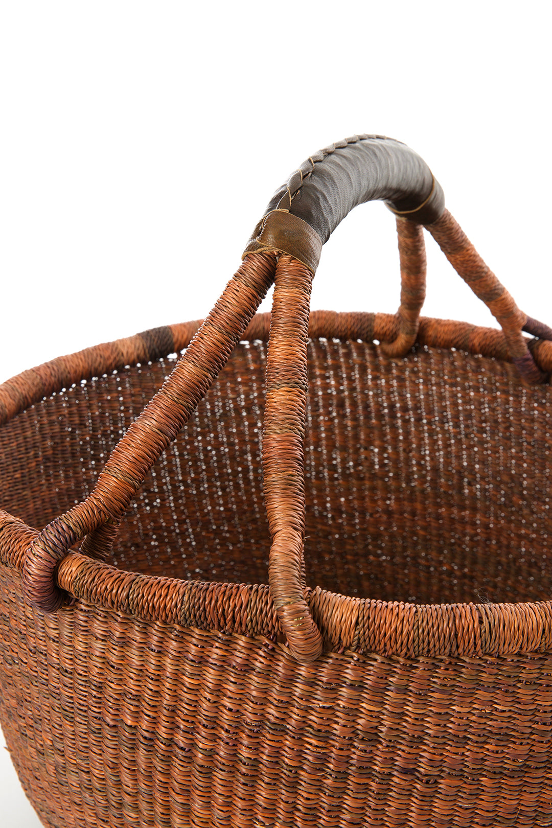 Cinnamon Stick Bolga Basket with Leather Wrapped Handles