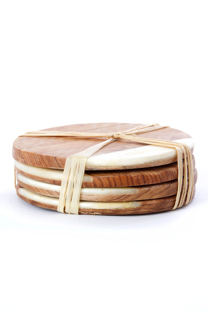 Set of Four Olive Wood Coasters with White Bone Inlay